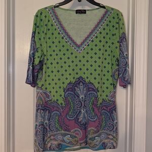 Hale Bob Green Paisley V-Neck Short Sleeve Top